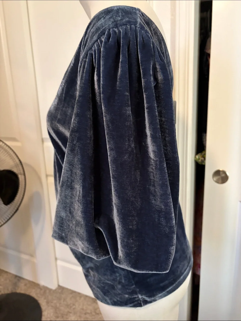 Free People Dusty Blue Velvet Ruched V-Neck Blouse